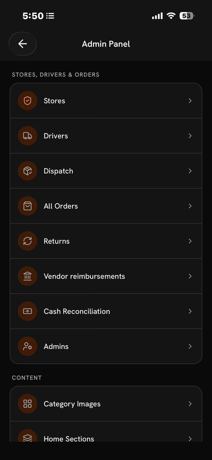 Admin panel: stores, drivers, dispatch and orders