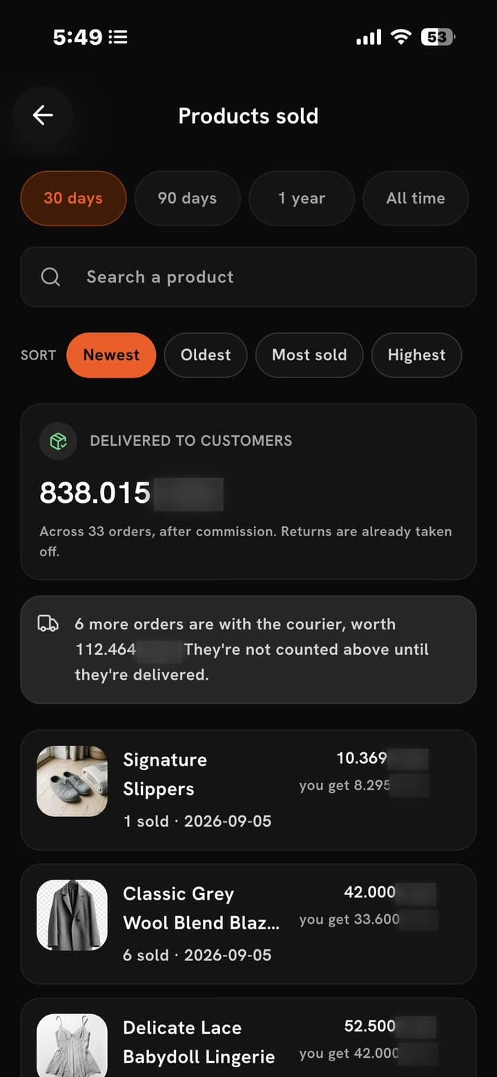 Store portal: products sold and payouts