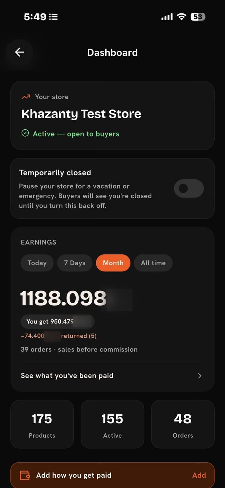 Store portal dashboard with earnings and orders